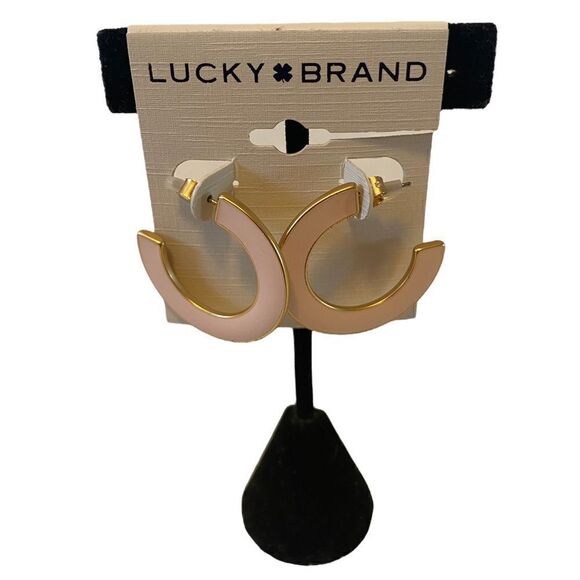 Lucky Brand Light Pink & Gold Enamel Medium Sized Hoops. - Picture 1 of 6